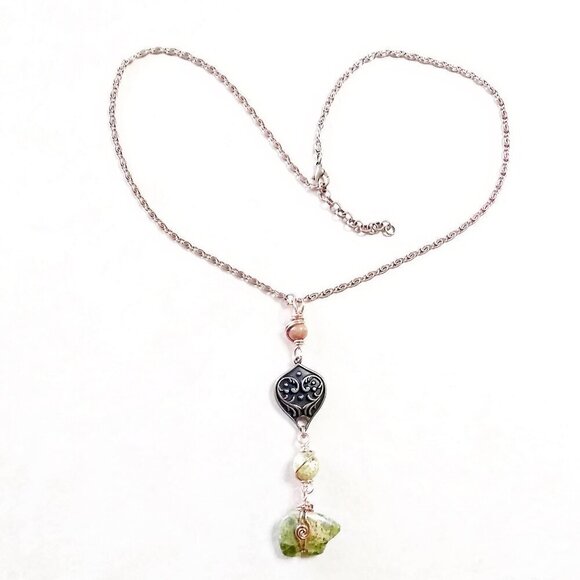 Unique Unakite Jasper Bear "Y" + Copper Necklace! 4 Wire Wrapped Beaded Sections - Picture 6 of 14